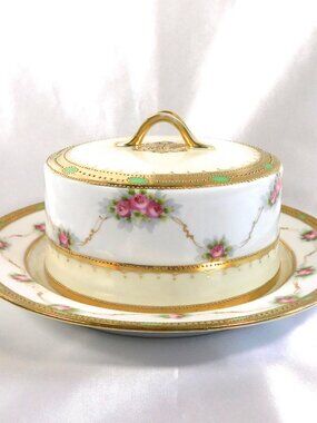 Nippon Pink Floral Covered Cheese Dish with Gold Beading and Pale Green Trim